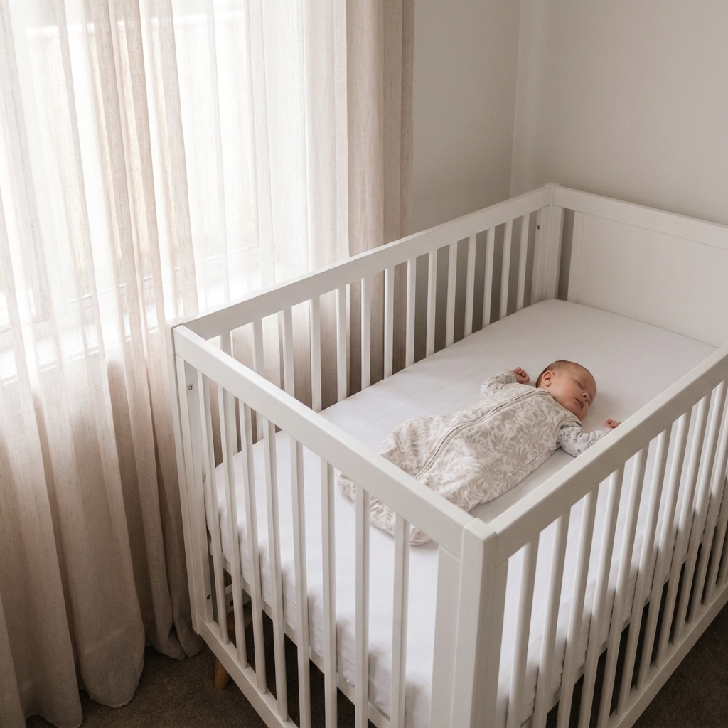 A toddler holding a sippy cup at bedtime with a parent sitting beside the cot in soft amber light.