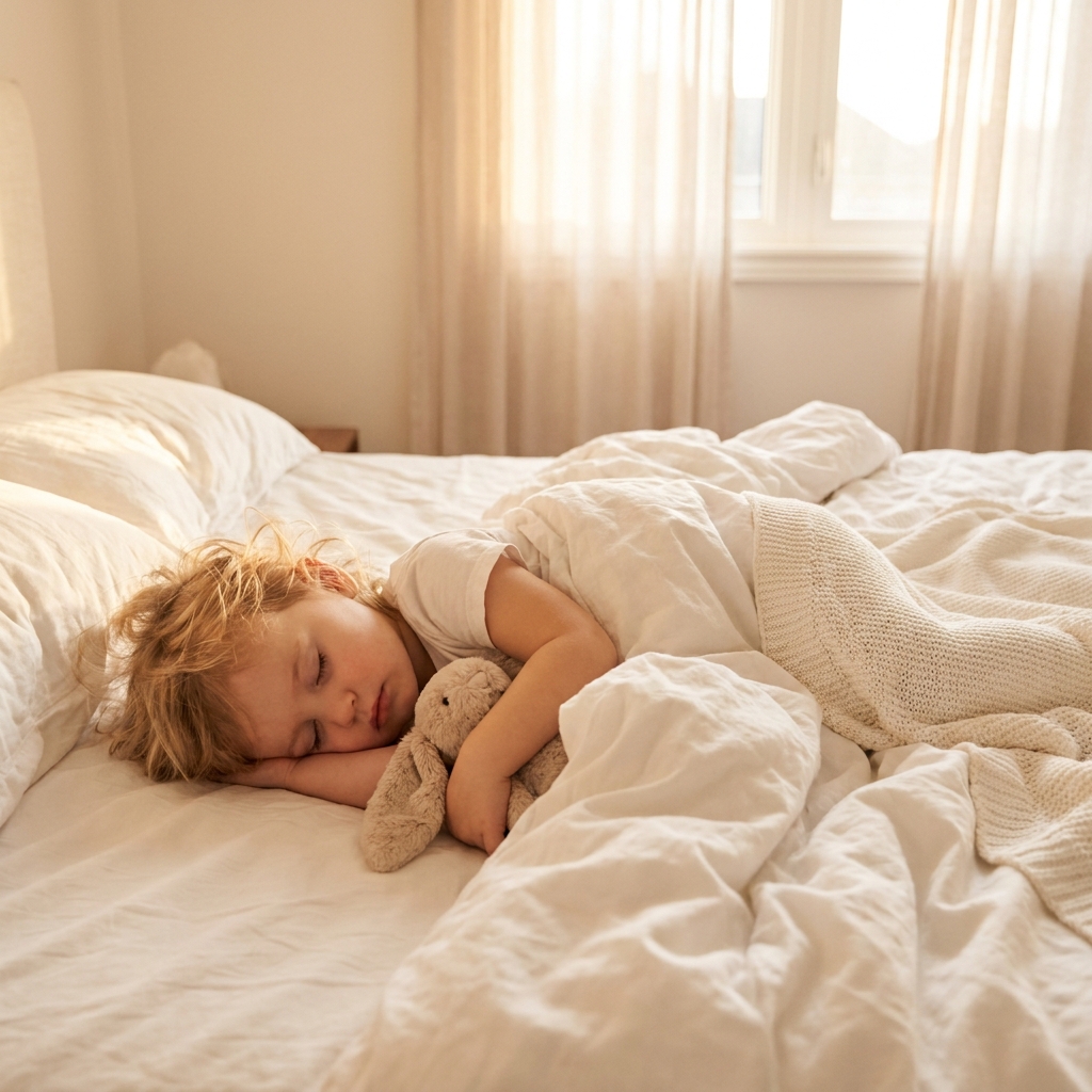A toddler napping peacefully on a white bed with soft afternoon light.
