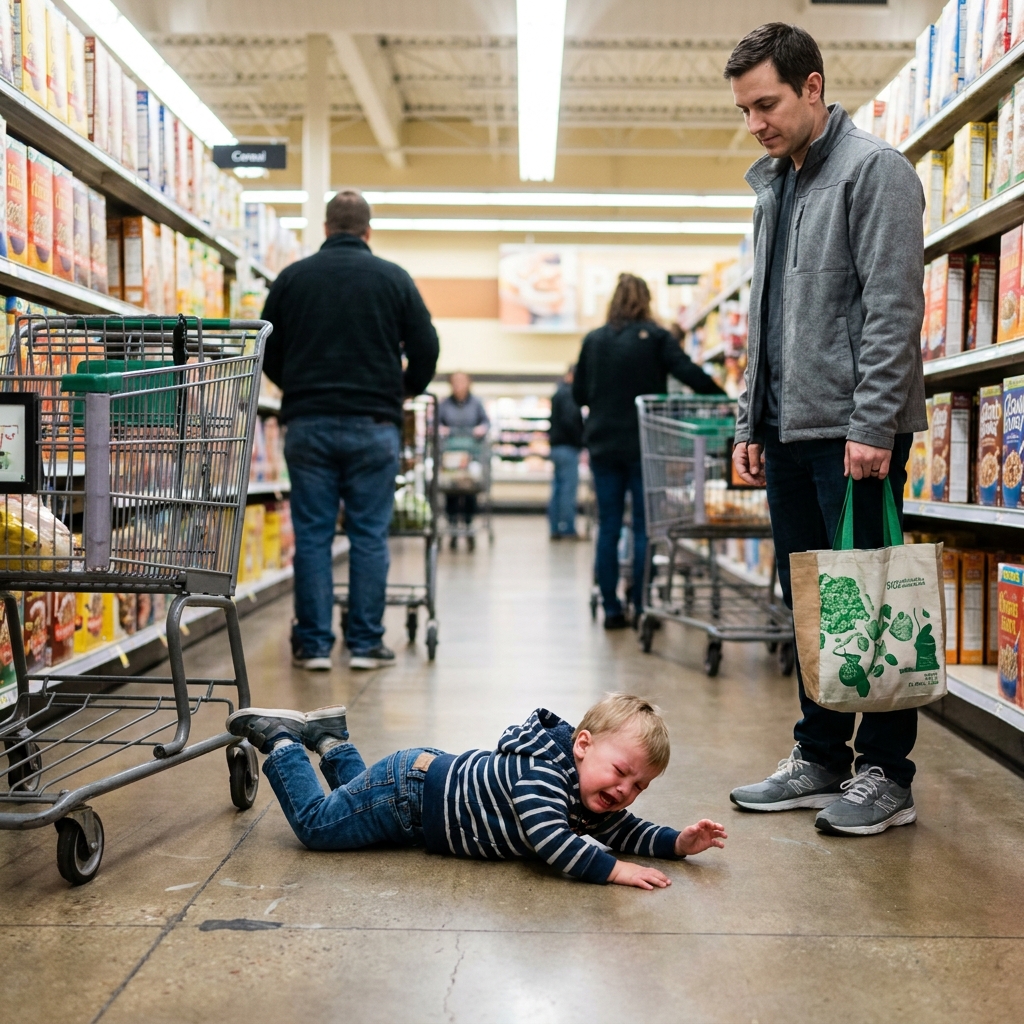 A toddler in a calm moment being held by a parent at eye level after an outburst.