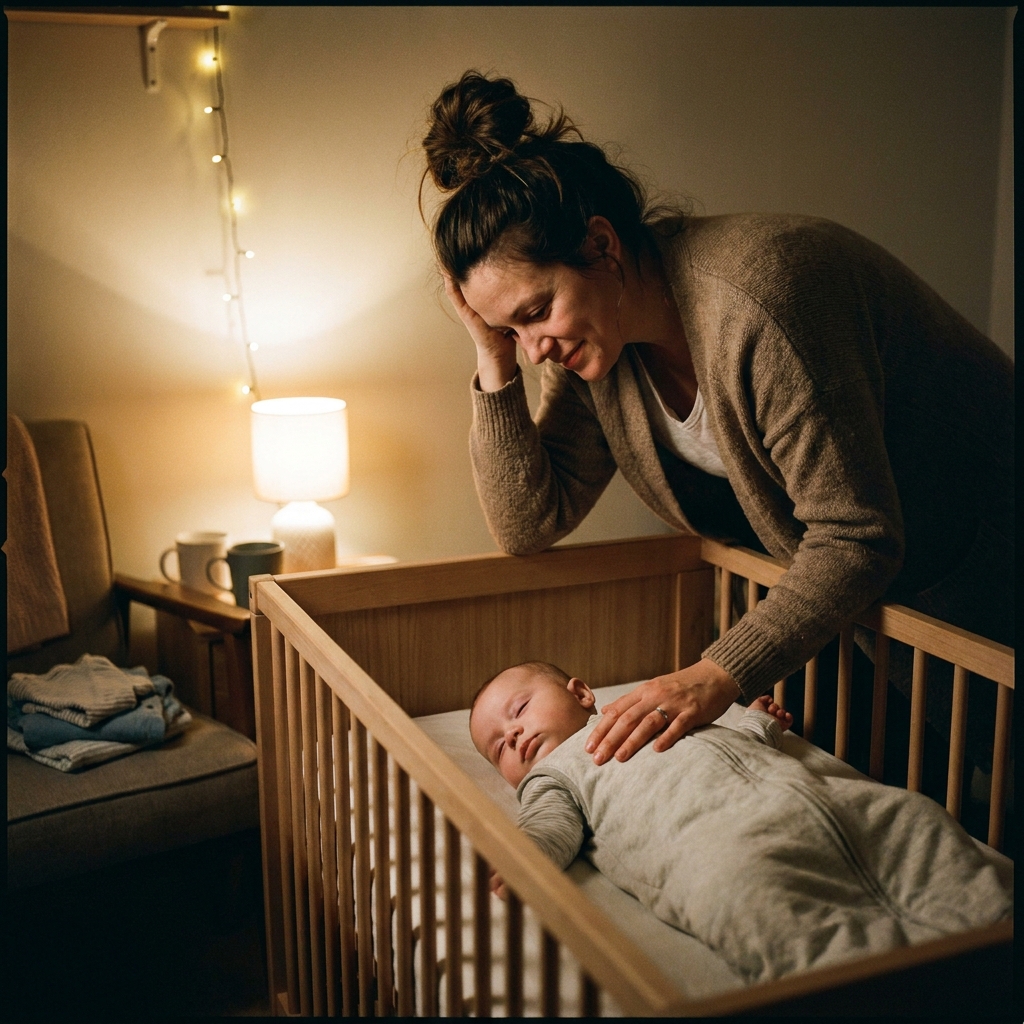 A peaceful sleeping newborn in safe bedsharing position next to a parent in a low firm bed.