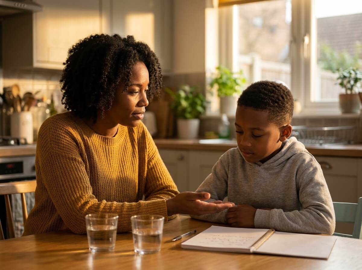 A Black mother and her young son sitting side-by-side at a kitchen table having a gentle, calm conversation. The mother's hand rests open and palm-up on the table between them. The mood is supportive and team-like.