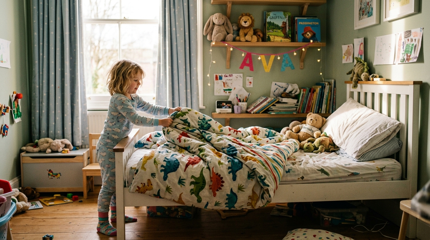 Young child pulling a duvet straight with both hands, pillow sitting slightly crooked, soft morning light through the window