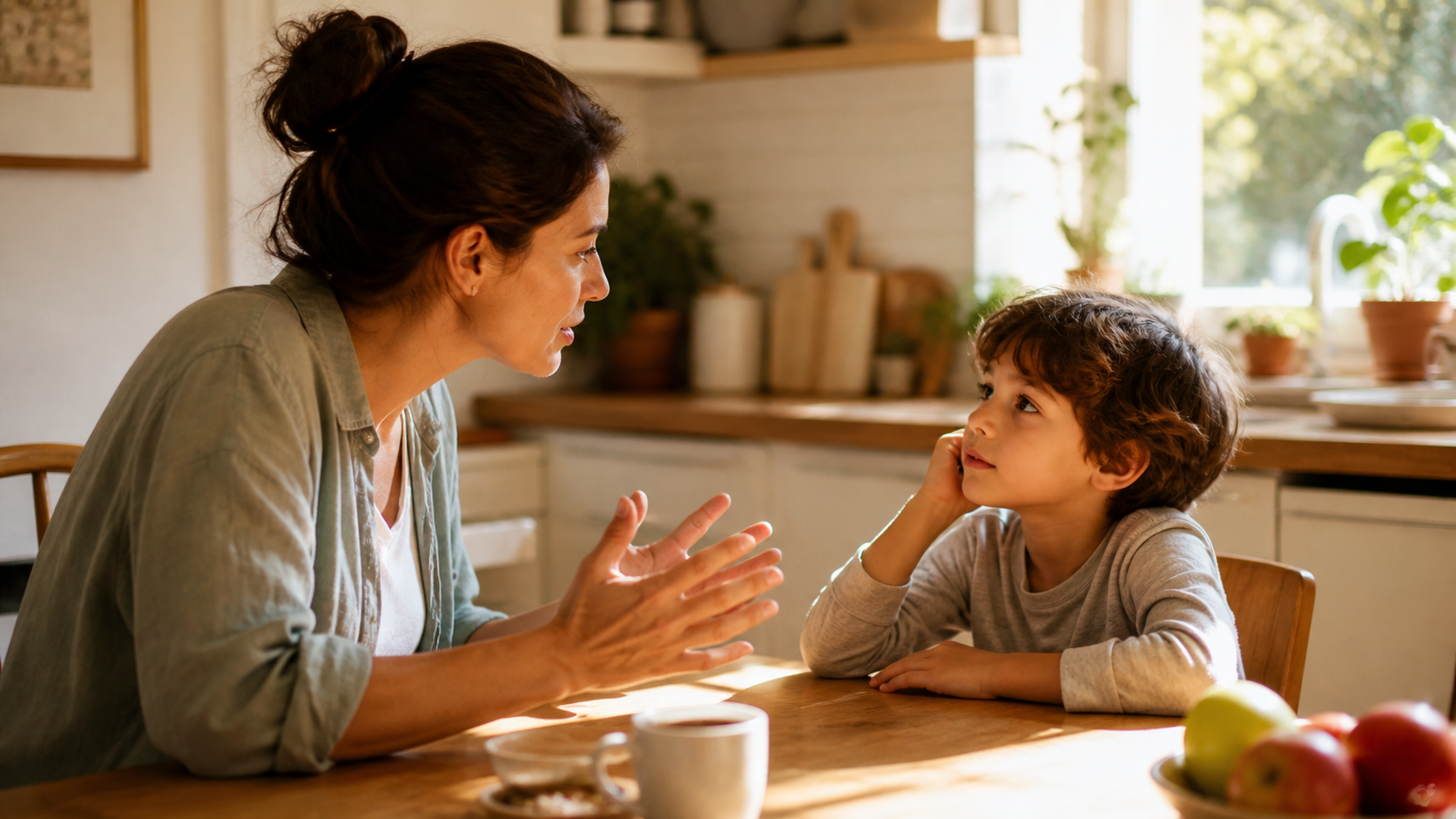 A parent and child having a calm conversation at a kitchen table.