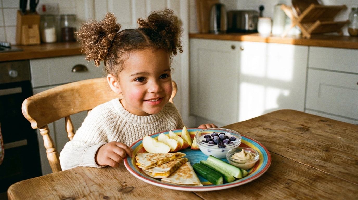 A small toddler at a kitchen table happily holding a slice of apple, with a colourful plate of cheese, crackers, and yoghurt in front of her.