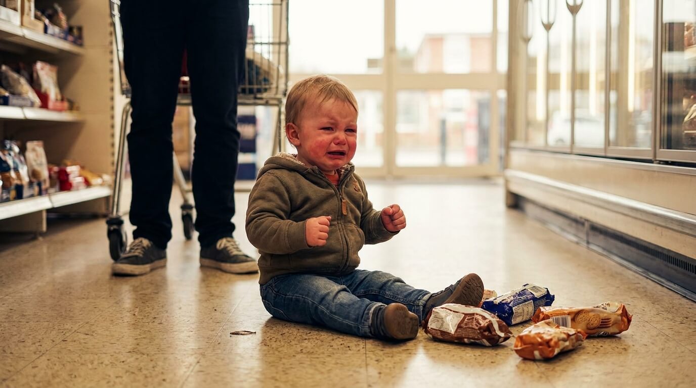 A toddler at nursery drop-off holding a small backpack, a parent kneeling to say goodbye.