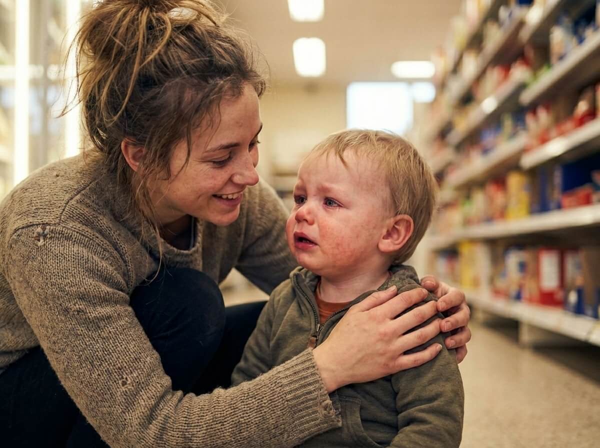 A mother crouched down at her toddler's eye level in a supermarket, gently holding their shoulders.