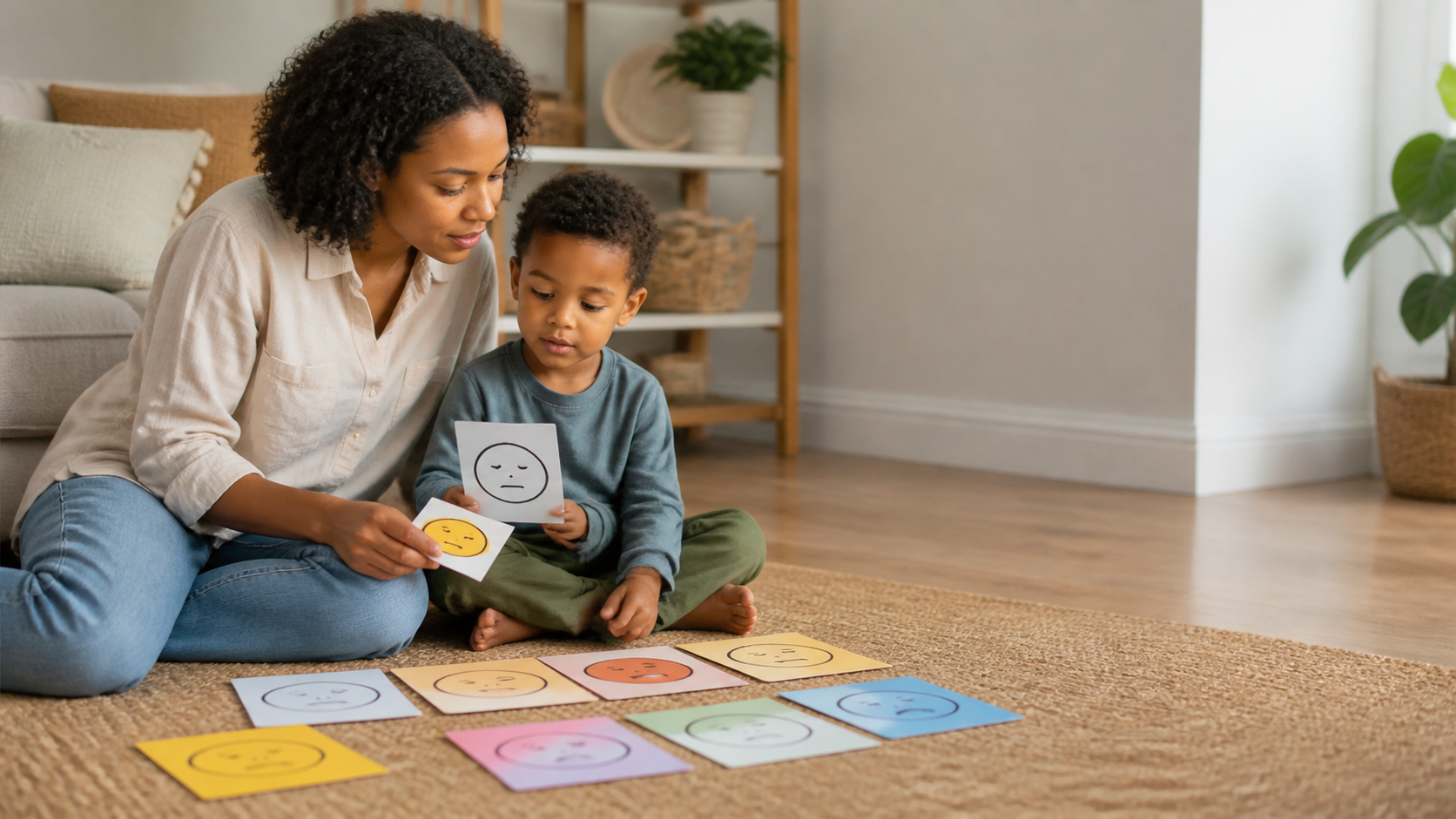 A parent and young child sit on the floor using illustrated feeling cards in a calm living room.