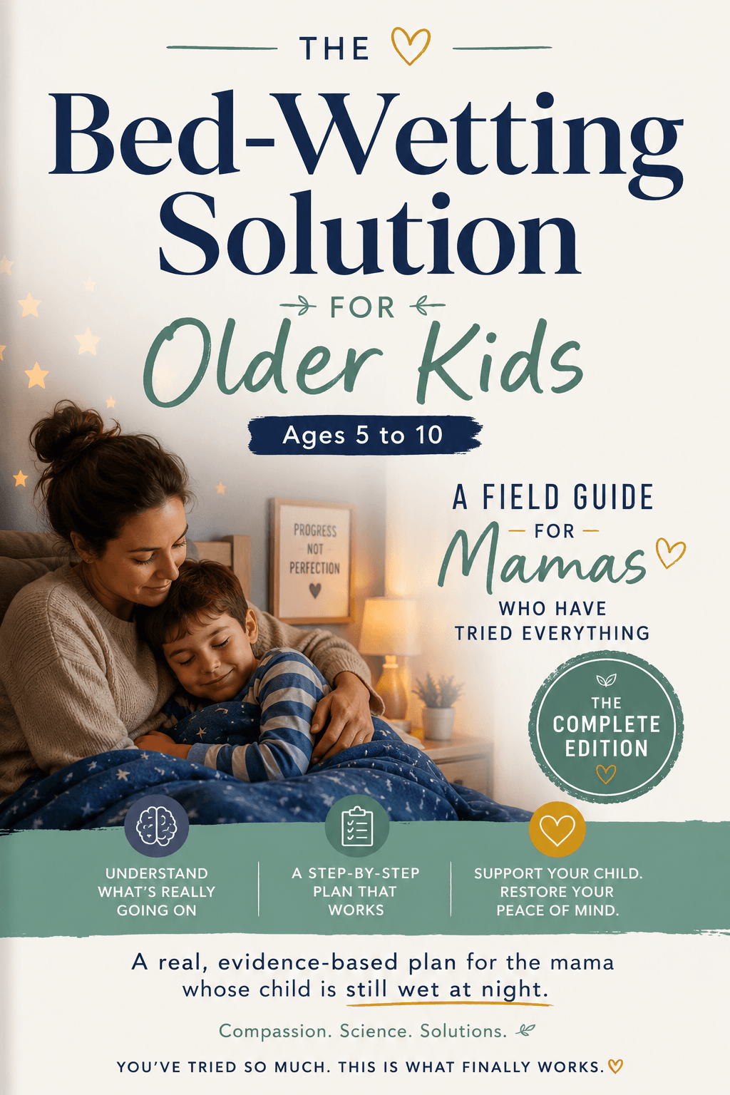 The Bed-Wetting Solution for Older Kids — a modern editorial book cover with a peaceful sleeping silhouette under a crescent moon, in warm terracotta and deep navy tones.