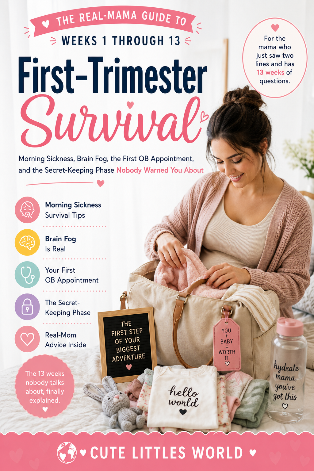 First-Trimester Survival. The Real-Mama Guide to Weeks 1 Through 13. A modern editorial book cover in warm terracotta and deep navy tones.