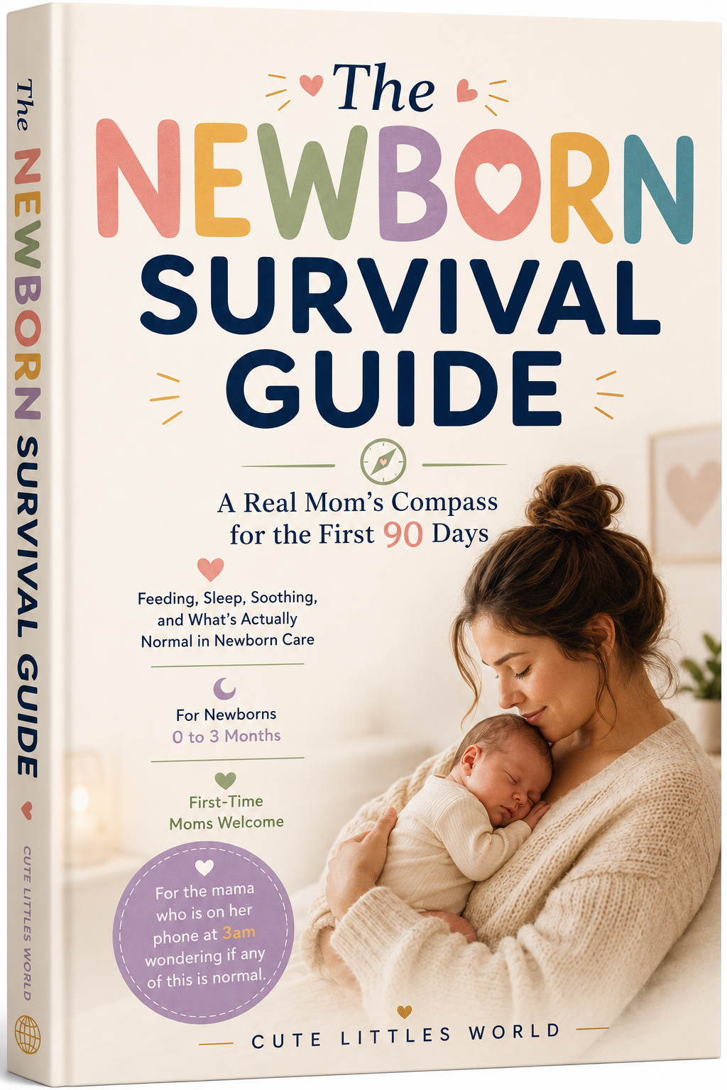 The Newborn Survival Guide. A Real Mom's Compass for the First 90 Days. A modern editorial book cover in warm terracotta and deep navy tones for first-time moms.
