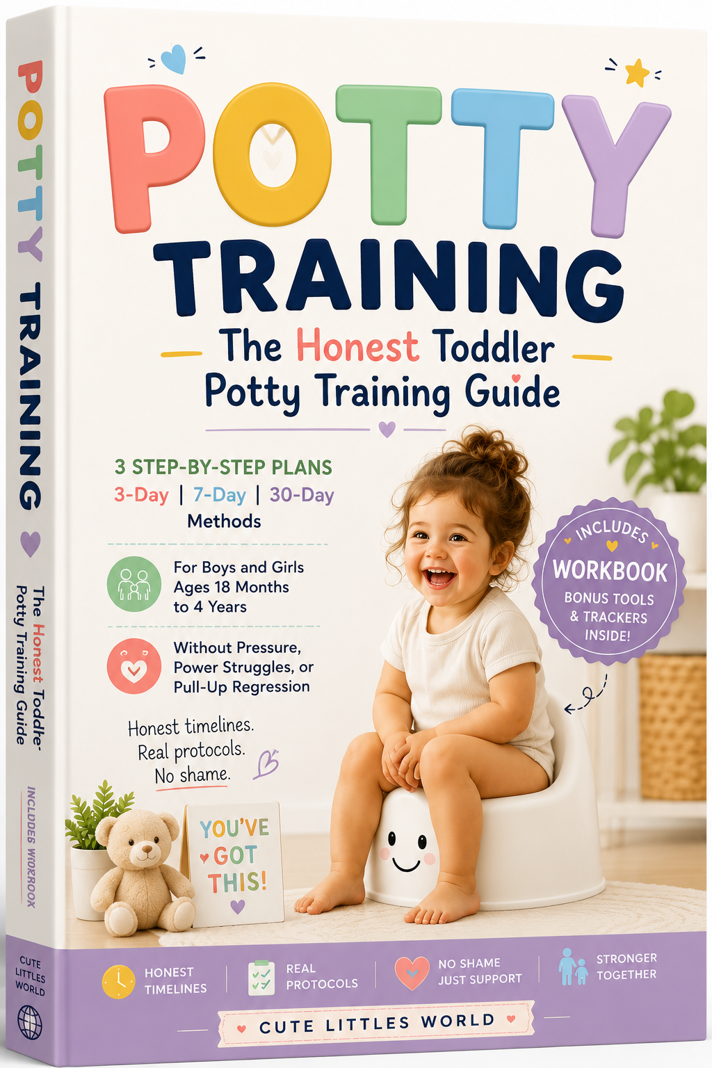 Potty Training — The Honest Toddler Potty Training Guide. A modern editorial book cover in warm terracotta and deep navy tones for parents of toddlers ages 18 months to 4 years.