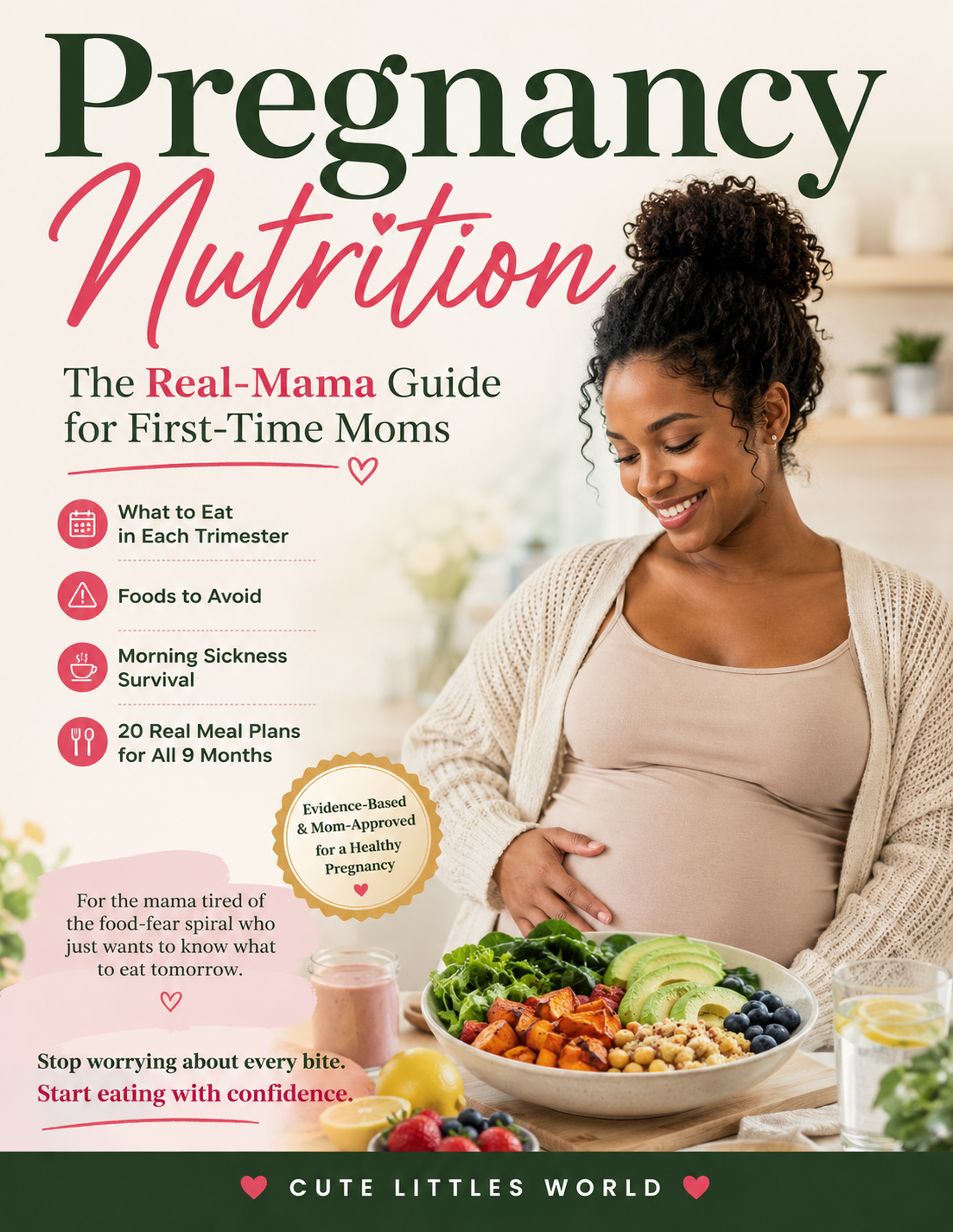 Pregnancy Nutrition. The Real-Mama Guide for First-Time Moms. A modern editorial book cover in warm terracotta and deep navy tones.
