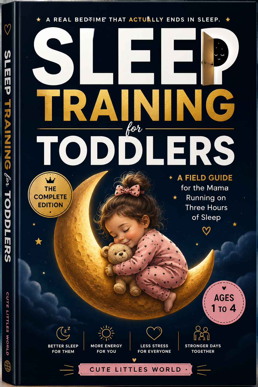 Sleep Training for Toddlers — a modern editorial book cover for parents of toddlers ages 1 to 4 in warm terracotta and deep navy tones.